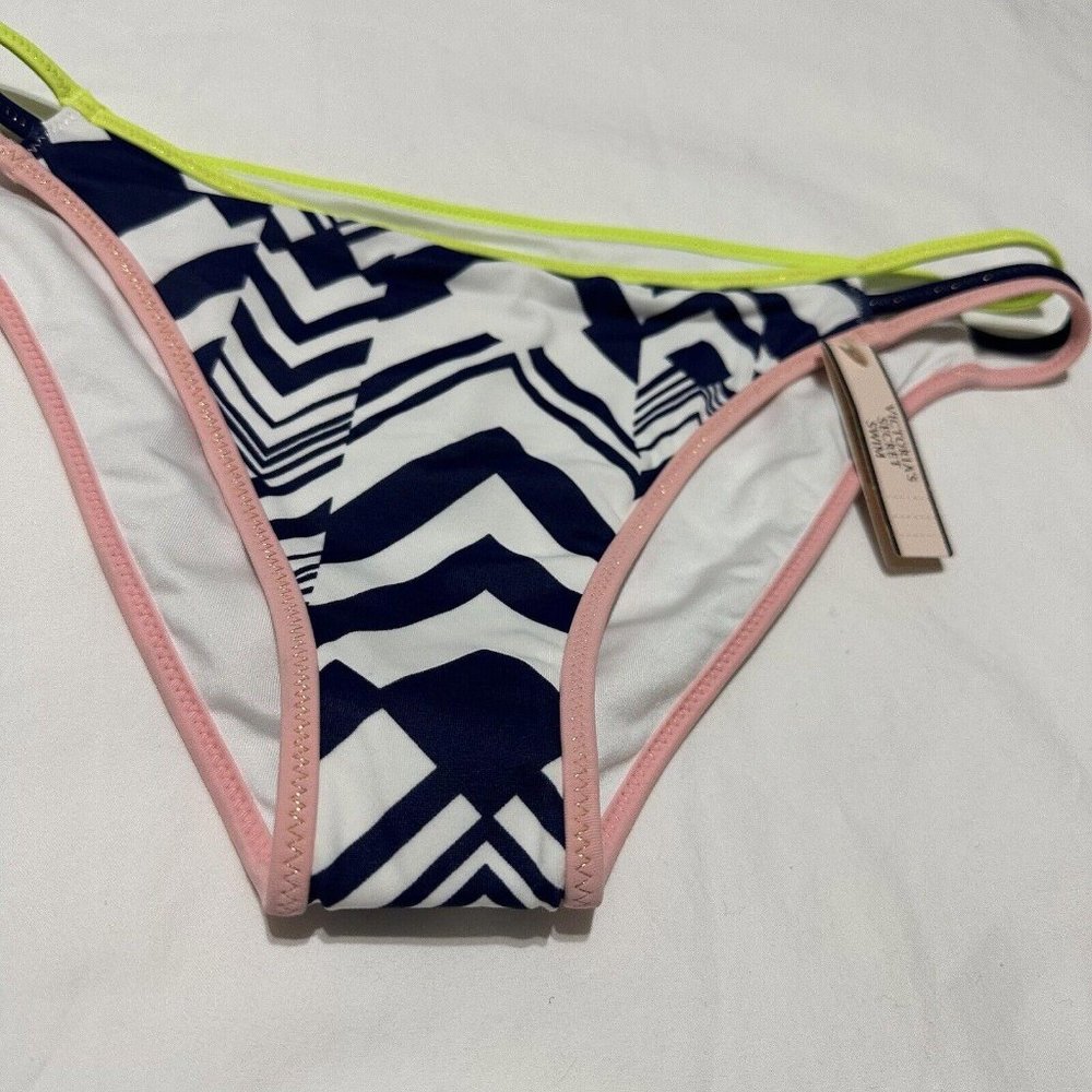 Victoria’s Secret Strappy Cheeky Bikini Bottom Sz M Medium NWT Blue White Green - Picture 4 of 7